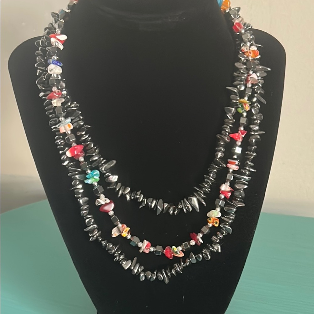Hematite and Multicolor Chipped Gemstone Bead Necklaces Set
